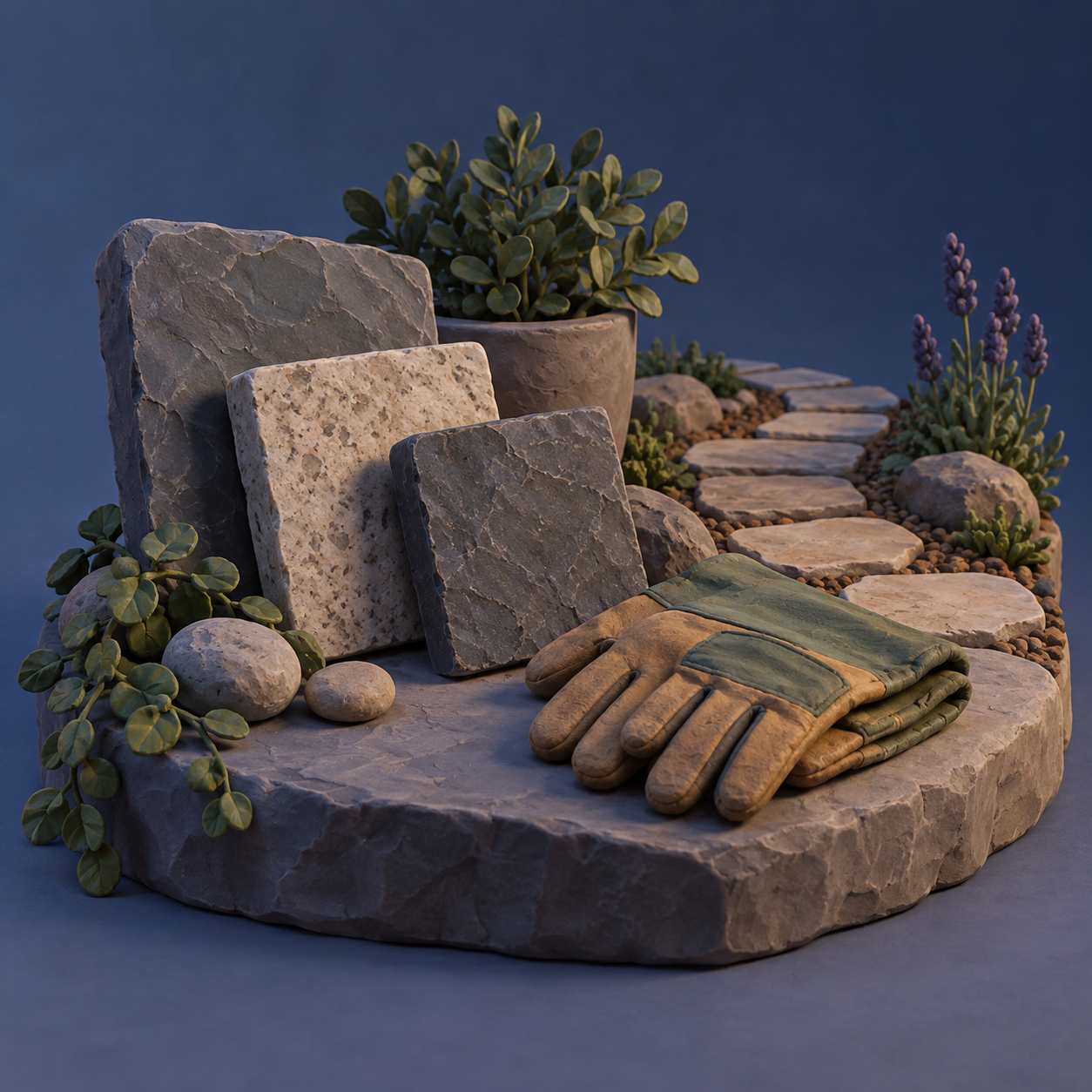 Illustration of landscape design yard: stone samples, folded work gloves, a small garden path
