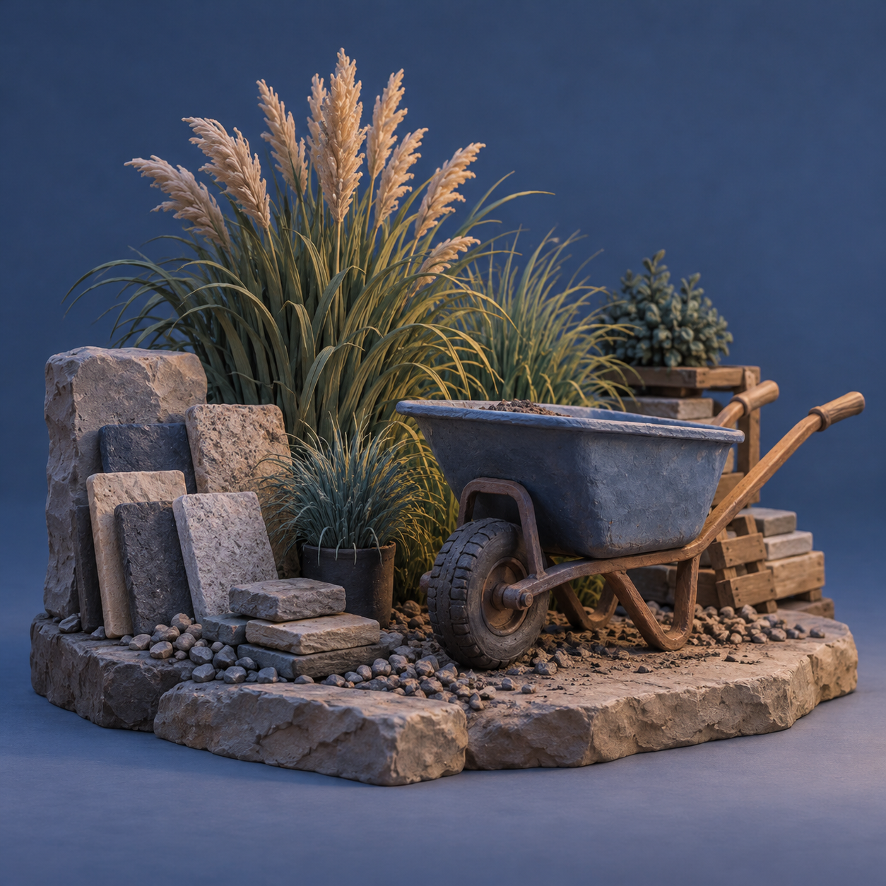 Illustration of landscape design yard: ornamental grasses, a parked wheelbarrow, stone samples